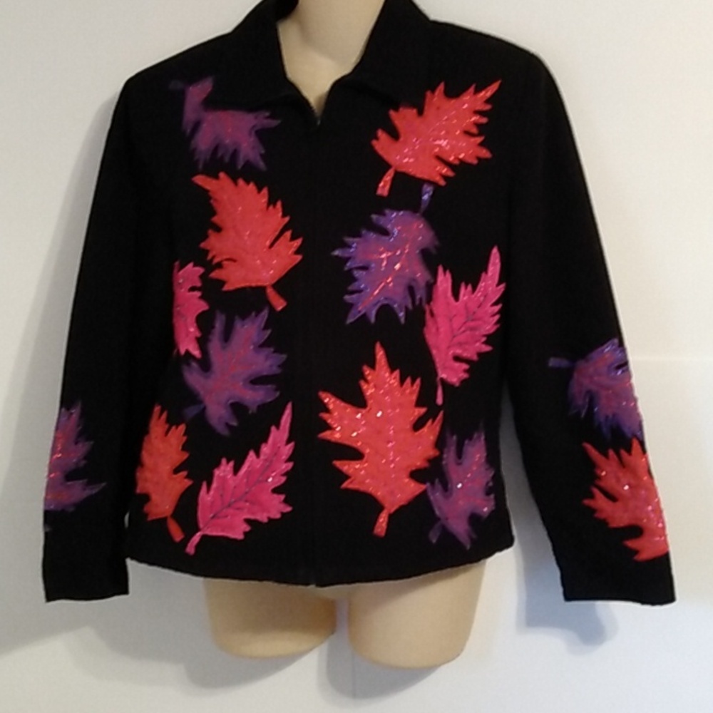 Copy Vtg Daniel K Fall Leaves Black Embroidered Zippered Jacket